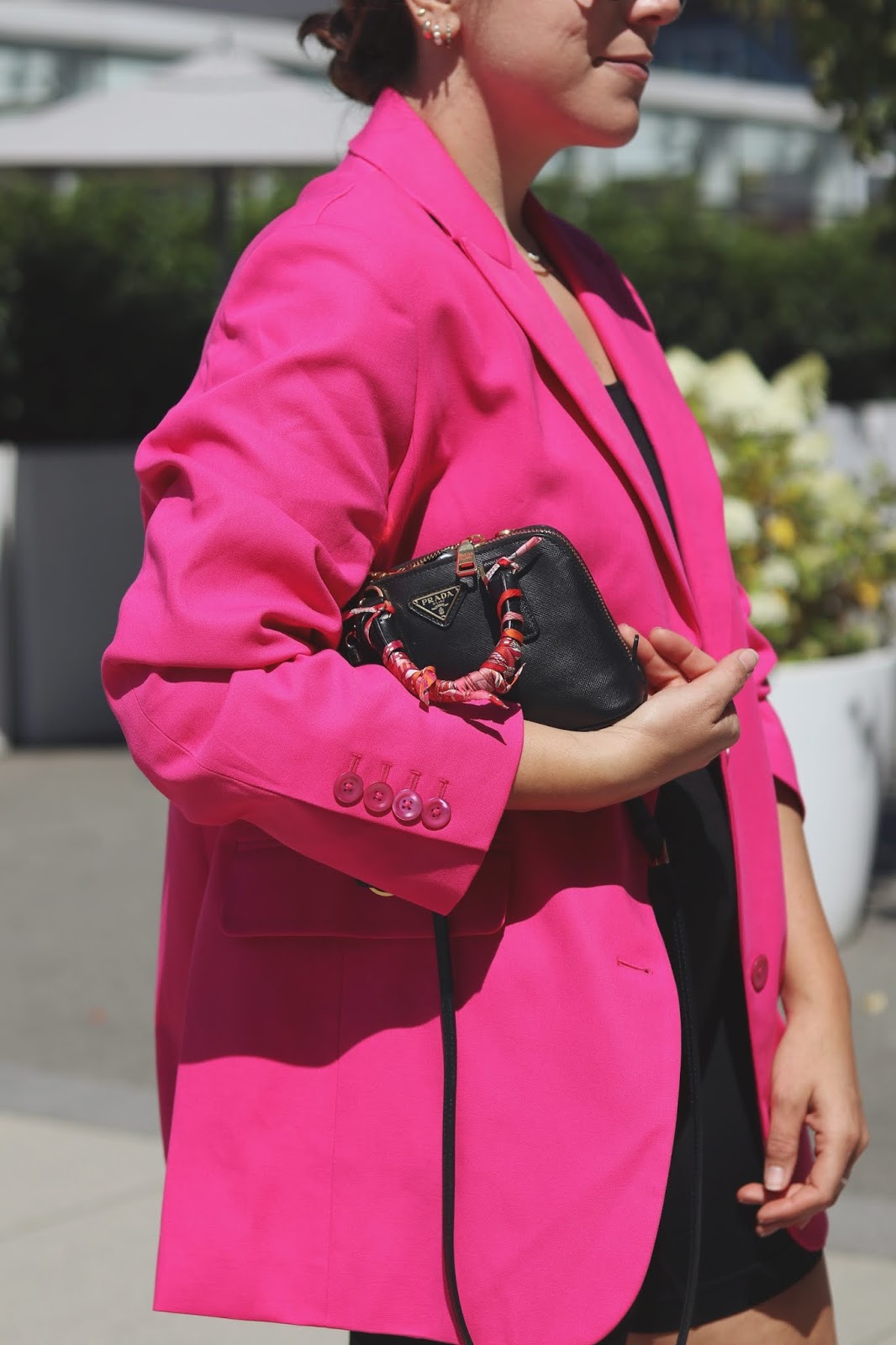 Pink blazer + bike shorts — Covet & Acquire