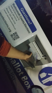 Image of someone putting their vote by mail ballot into a ballot box.