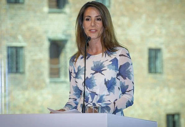 Princess Marie wore her Ganni Gold St. Satin Floral Print dress with a new Michael Kors bag and new Jimmy Choo ‘Romy’ pumps at an UNESCO seminar