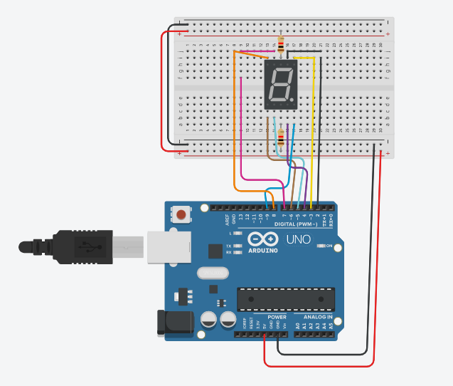 Interfacing Seven segment display with Arduino in tinkercad