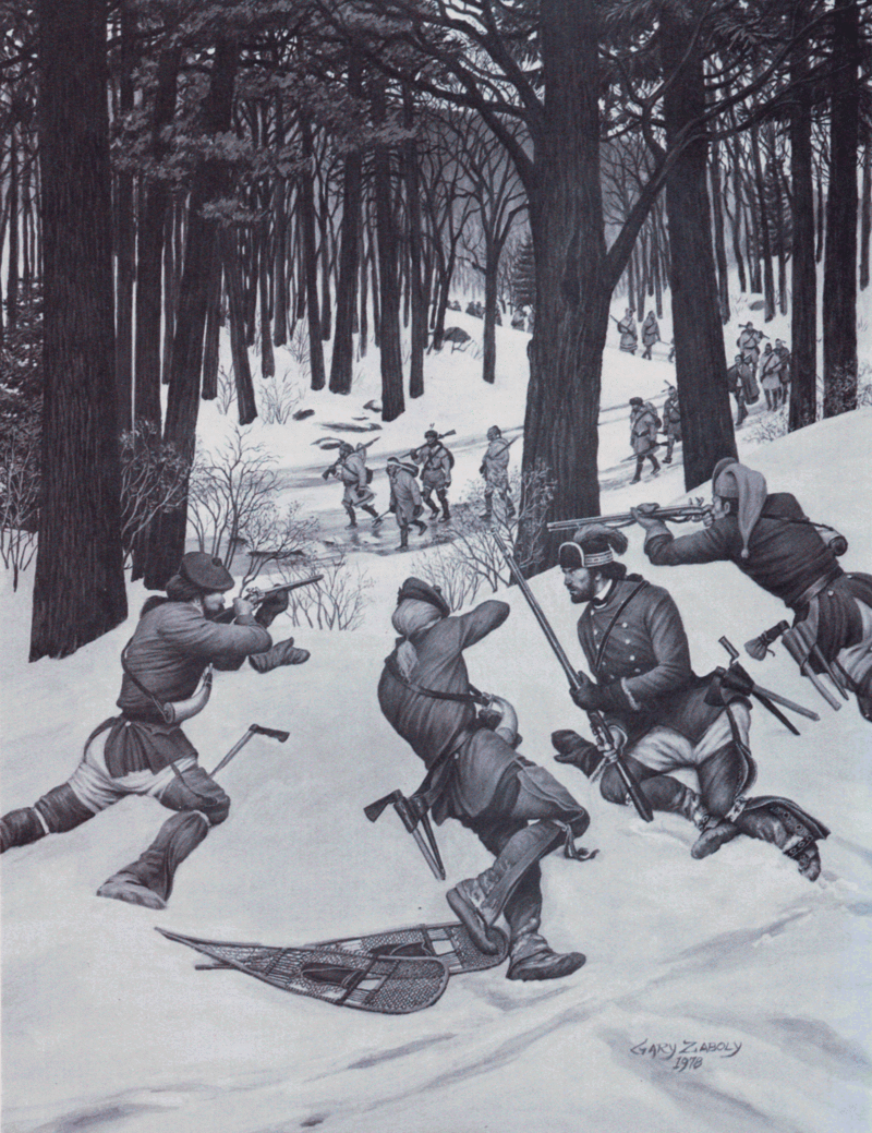 Flintlock and tomahawk Battle on Snowshoes by Gary Zaboly