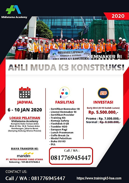 Ahli Muda K3 Konstruksi murah tgl. 6-10 Januari 2020 di Jakarta