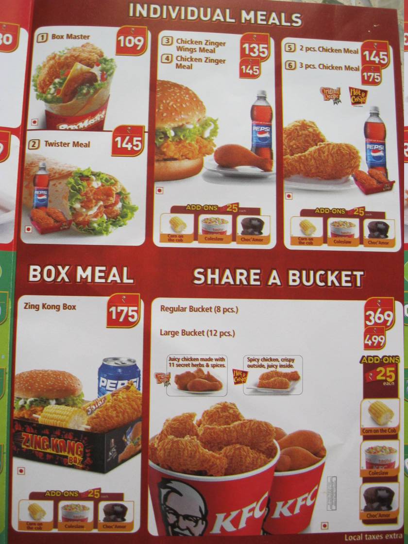 Kfc veg menu