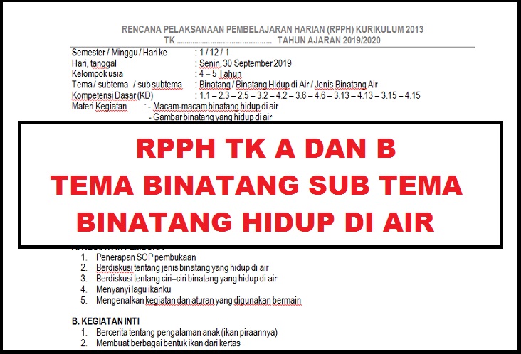 RPPH TK KELOMPOK A DAN B TEMA BINATANG SUB TEMA BINATANG