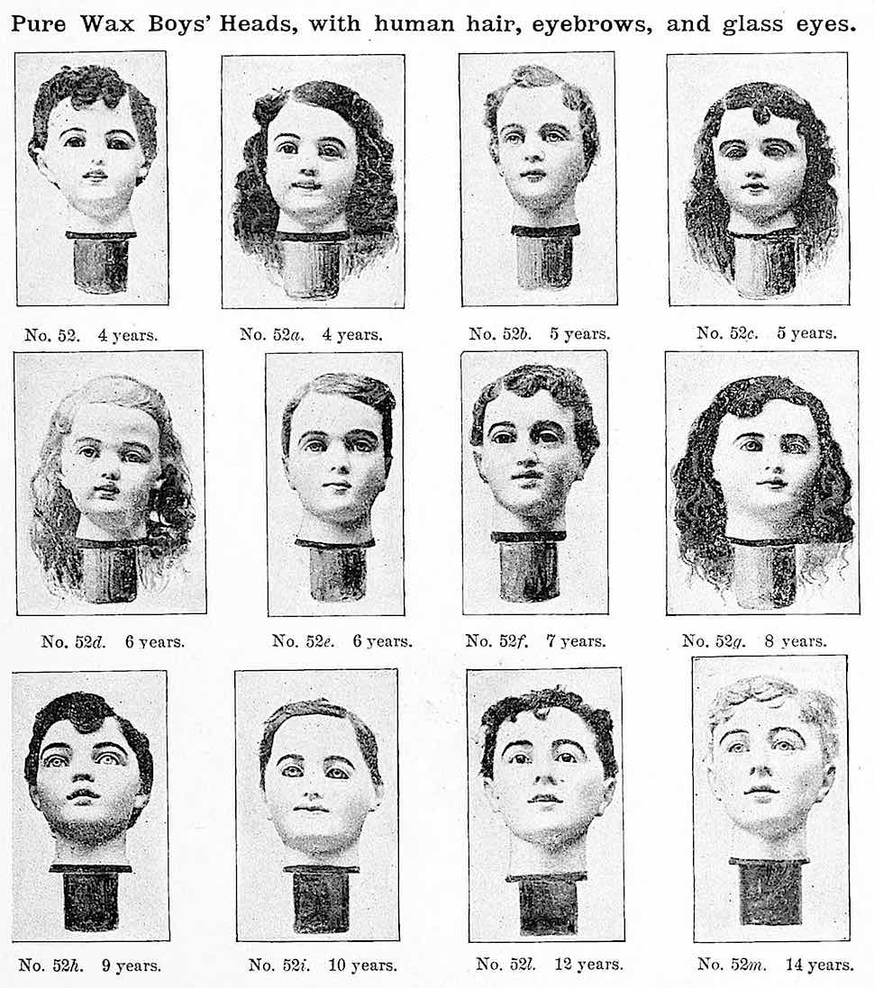 1893 mannequin heads 1893 Pure wax boy's heads with human hair, eyebrows and glass eyes, a photograph