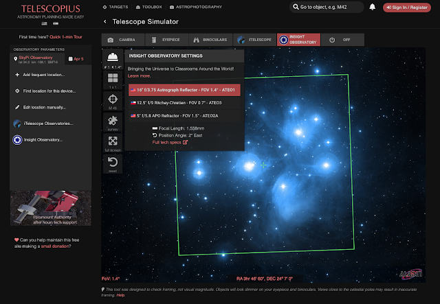 Screenshot of Telescopius.com's Telescope Simulator tool demonstrating the field of view of M45, The Pleiades through Insight Observatory's 16" f/3.7 astrograph reflector, ATEO-1.