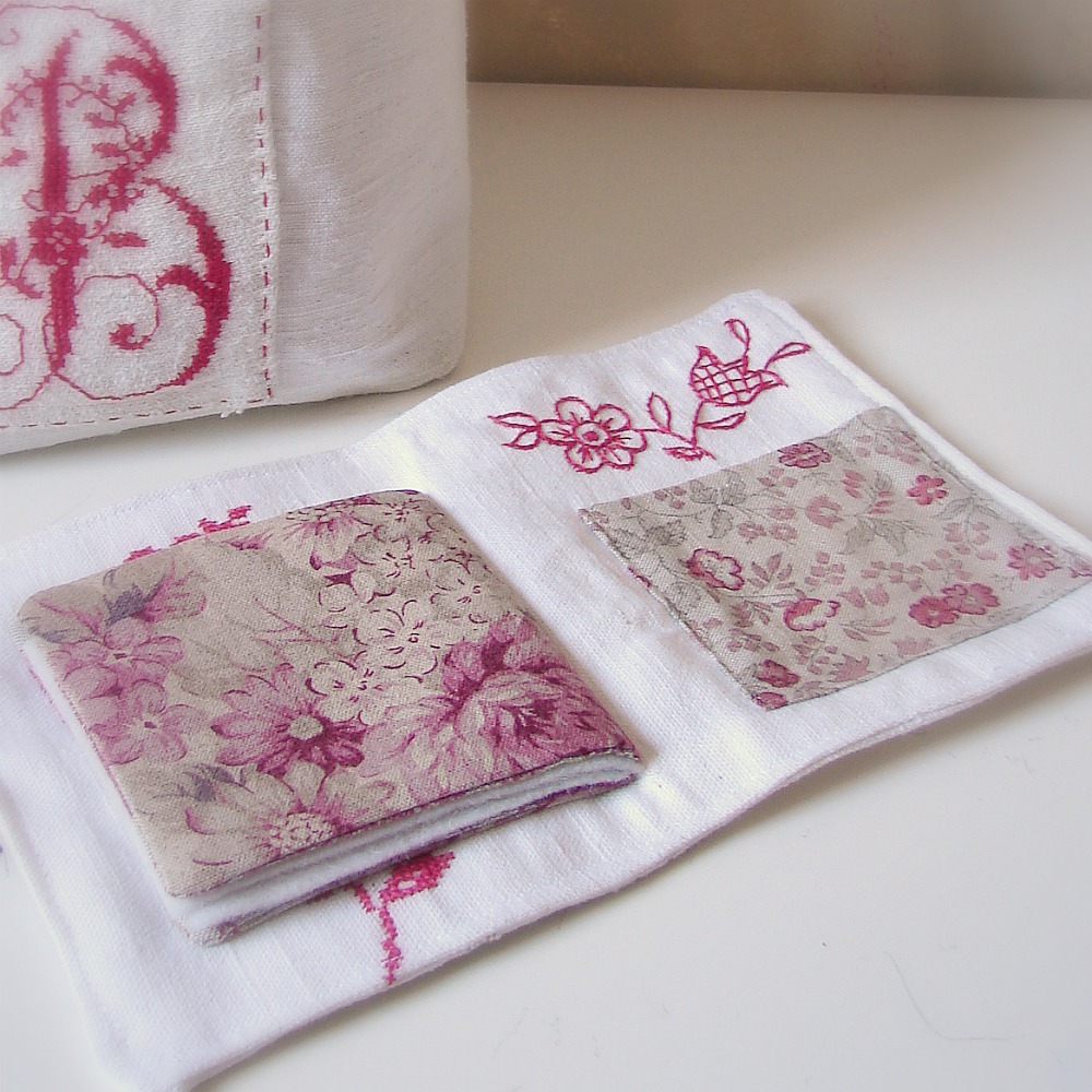 Roxy Creations Sewing case antique linen hemp hand embroidered with