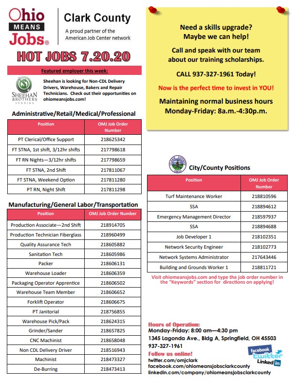 Clark, Champaign & Madison Counties 211 Ohio Means Jobs Hot Jobs 7/21/2020