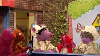 Telly, baby bear, The Big Bad Wolf. Little Red Riding Hood tries to find which woman is her real grandmother. Sesame Street Episode 4320 Fairy Tale Science Fair season 43