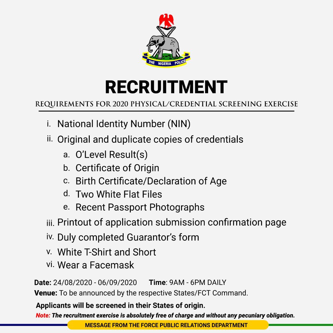 NPF Recruitment Physical & Credential Screening Dates 2020/2021