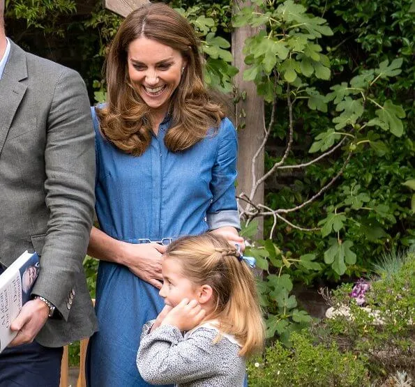 Kate Middleton wore a belted denim midi shirt dress by Gabriela Hearst. Princess Charlotte,  Prince Louis. Prince George wore a shirt by Trotters