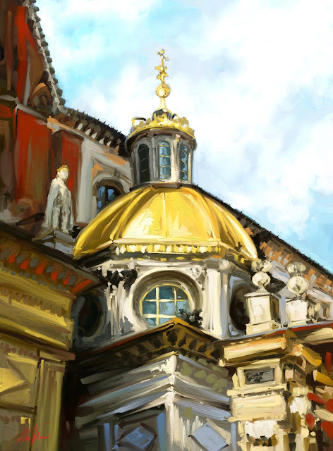 One of the domes of the Wawel Cathedral Krakow Poland digital painting by Mikko Tyllinen