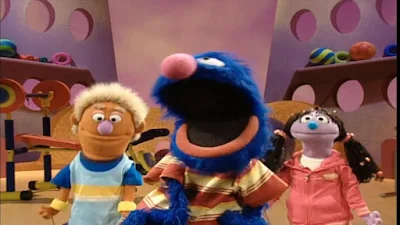 Grover begins exercise with his assistants Bobby and Sissy. Grover first demonstrates jumping. Sesame Street Happy Healthy Monsters