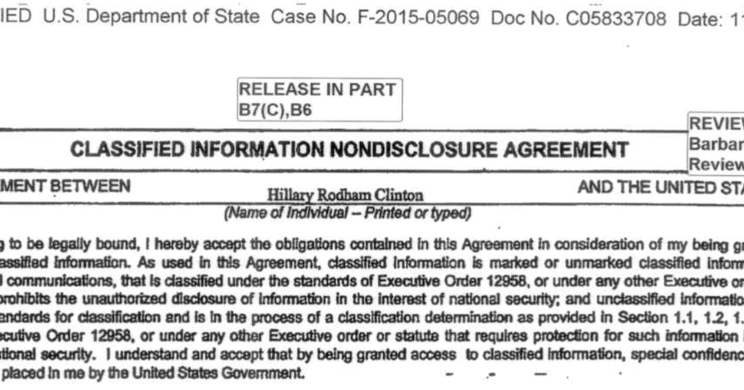 NonDisclosure Form Signed By Hillary ‘…Classified Information Is