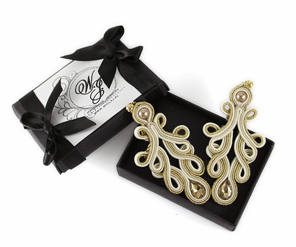 Openwork lace gold and beige soutache earrings