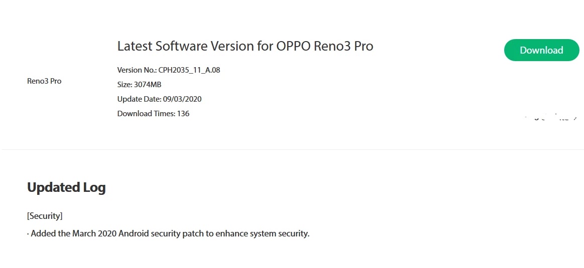 Oppo Reno 3 Pro March 2020 Security Patch Update Started Rolling Out [CPH2035_11_A.08] - Realme Updates