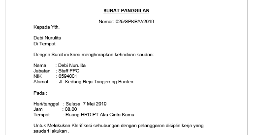 Contoh Surat Pemanggilan Karyawan Bermasalah Bloggadogado