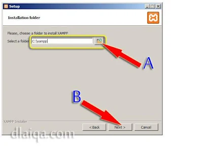 pilih tempat instalasi, lalu klik Next