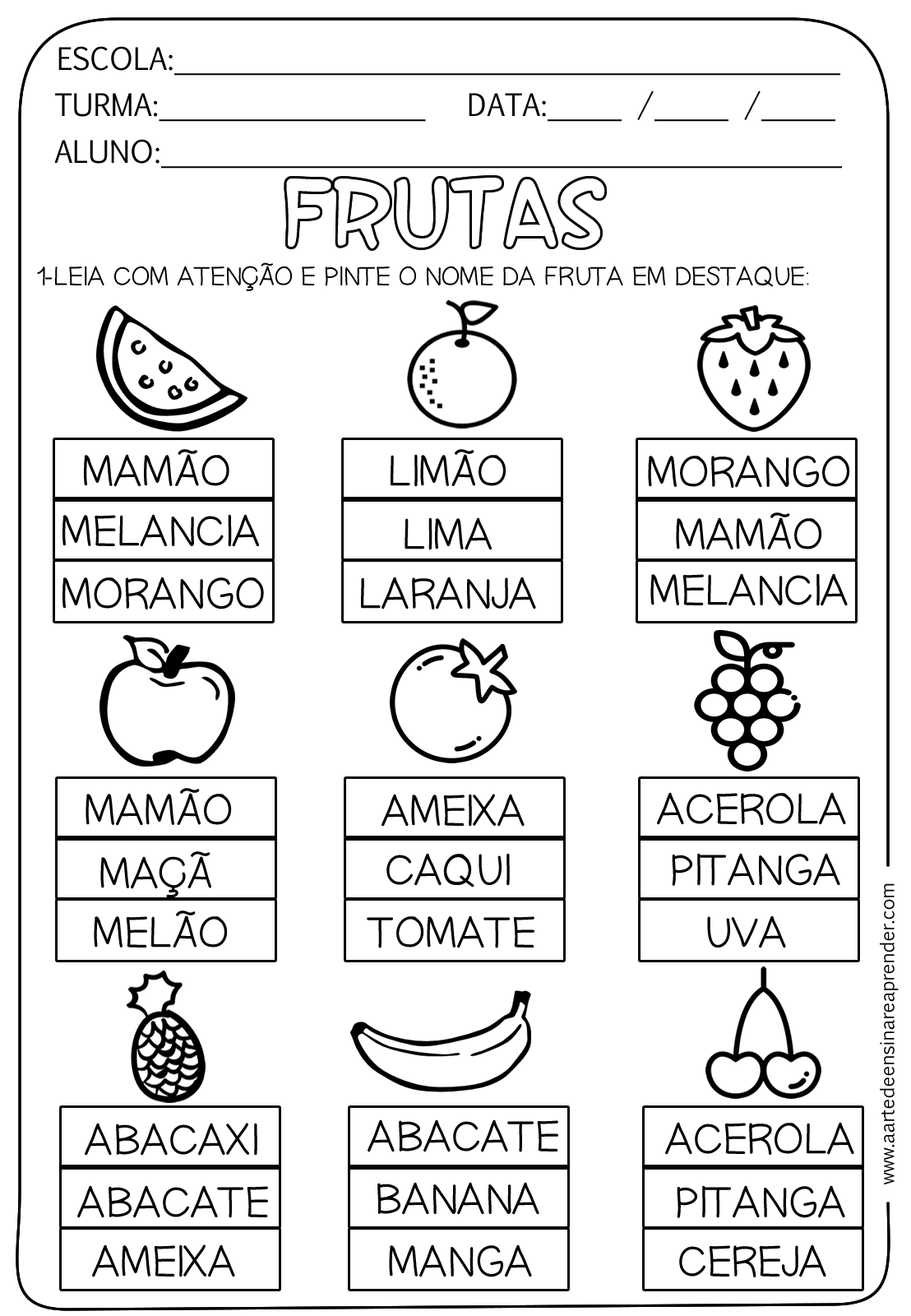 Caça Palavras Para Imprimir: Nomes de Frutas.