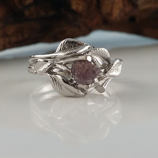 Rustic Wedding Ring, Rough Bridal Set, Pink Diamond Ring, Pink Diamond Engagement Ring, 14k Leaf wedding ring, Twig Wedding Set