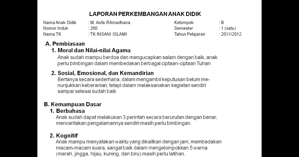Contoh Laporan Hasil Observasi Perkembangan Anak Sd Contoh Laporan Hasil Observasi Perkembangan Anak Sd