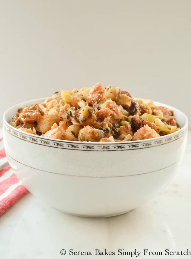 Crock Pot Stuffing recipe is packed with flavor from fresh herbs and wine. Making it a must for Thanksgiving from Serena Bakes Simply From Scratch.