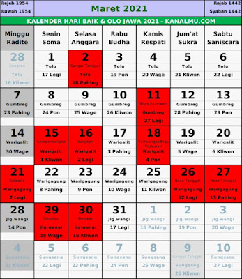 Kalender hari baik maret 2021
