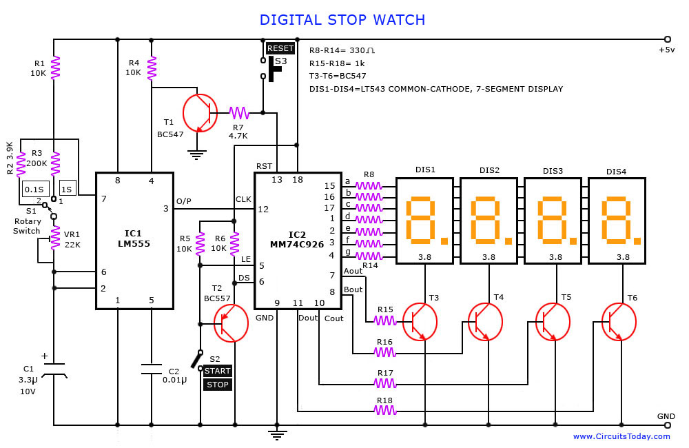 (IC LM555 + 4-digit counter IC MM74C926 + multiplexed 7-segment LED
