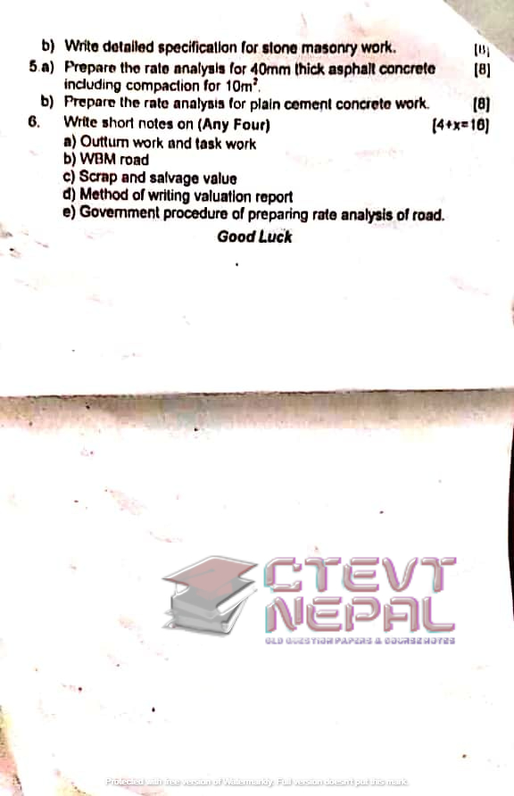 Estimating and Costing II - 5th Semester Question Papers CTEVT ...