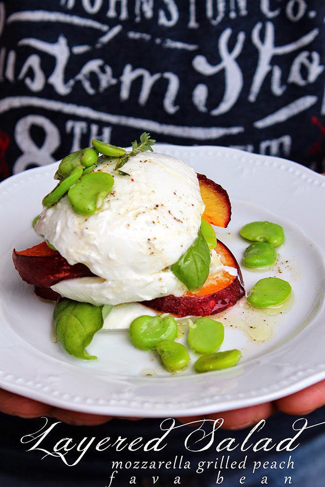 layered salad: mozzarella, grilled peach and fava bean