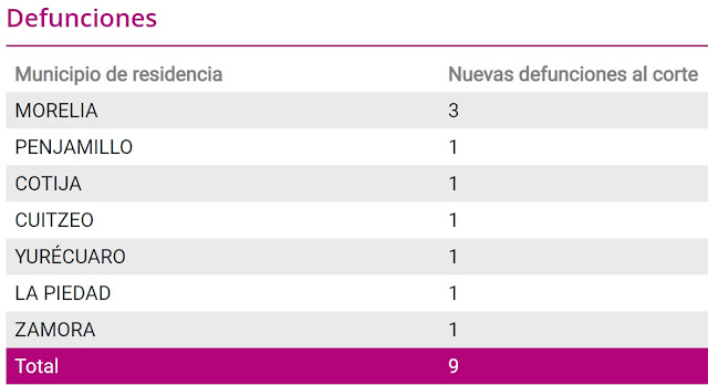 Con nueve decesos nuevos  por la enfermedad Covid, Michoacán acumula 2 mil 625 defunciones confirmadas