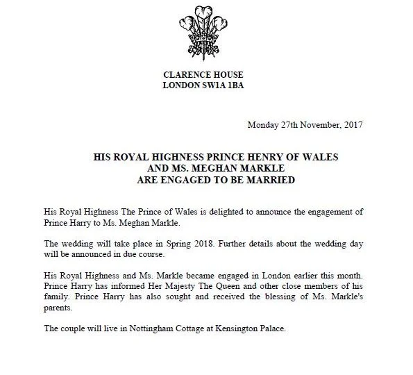 According to the statement made by Clarence House, it is said that Prince of Wales is delighted to announce the engagement of Prince Harry to Ms. Meghan Markle