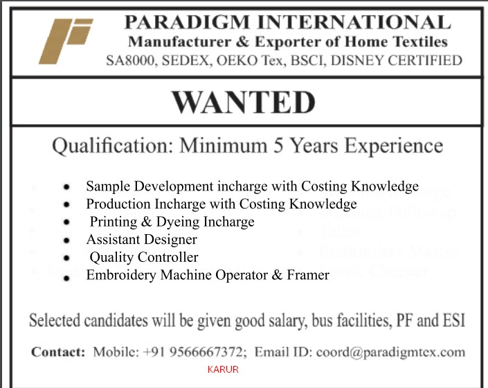 TODAY ( 03.11.2020 ) ALL JOBS VACANCY /WANTED LIST OUT (GARMENTS JOBS