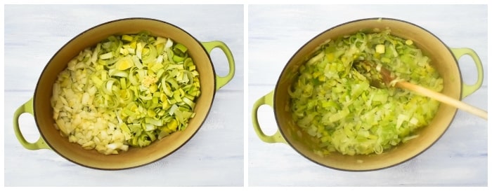 Membuat Sup Lentil Skotlandia - Langkah 1 Membuat Sup Lentil Skotlandia - Langkah 1 (bawang bombay, bawang putih dan daun bawang dalam panci besar)