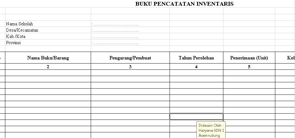 Format Tabel Pencatatan Buku Inventaris Sekolah Tahun