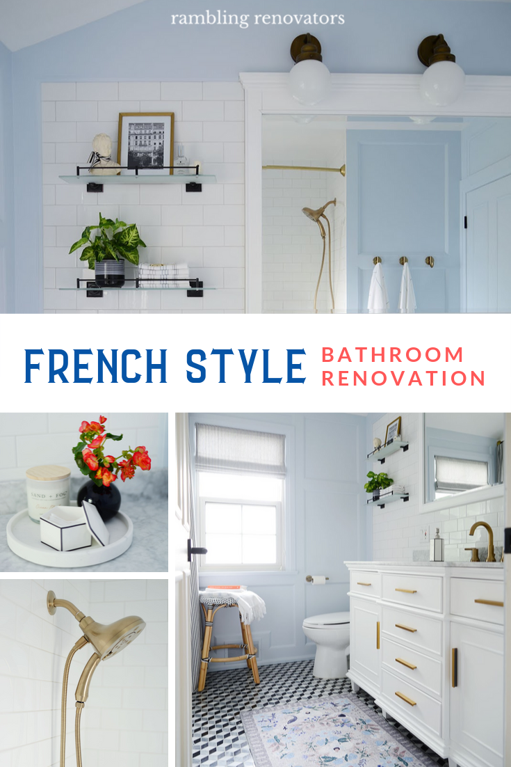 french style bathroom, french style bathroom vanity, french country bathroom, home depot bathroom remodel, black and white bathroom, blue bathroom