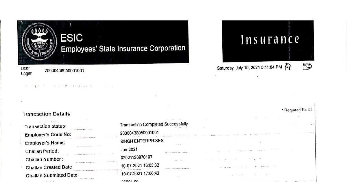 ESIC CHALLAN FOR THE MONTH OF JUNE 2021 (TAJ PALACE HOTEL, TAJ MAHAL ...