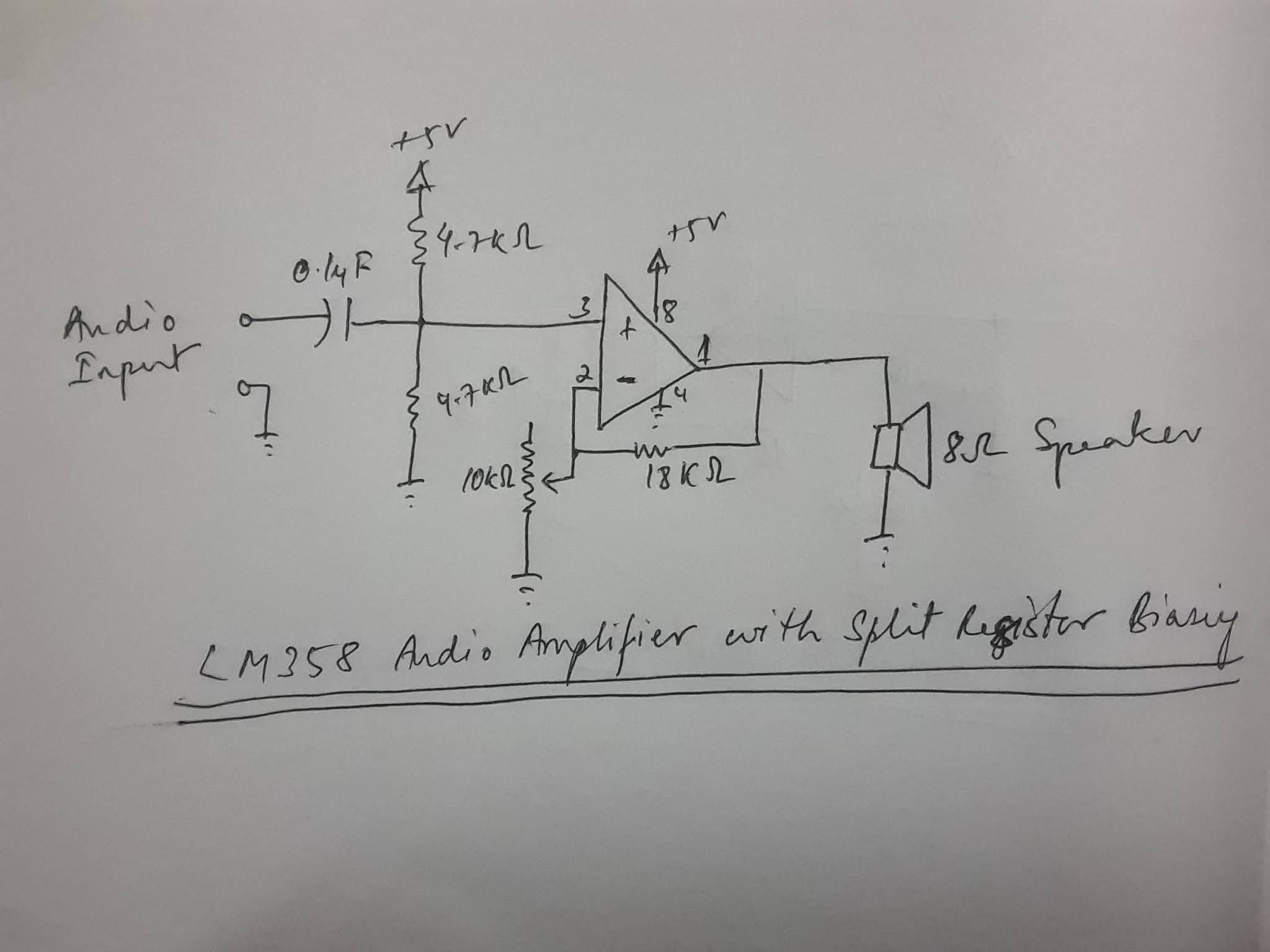 LM358 Audio Amplifier in Non-Inverting with Split Resistor Biasing