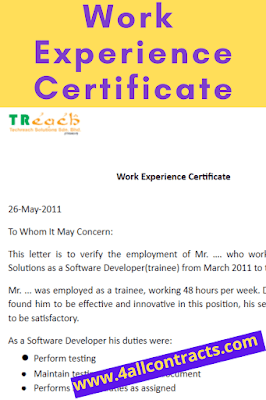 Sample work experience certificate