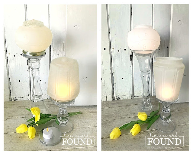 vintage glass light globes,candleholders,spring decor,spring decorating,vintage lighting,battery candles,vintage,up-cycling,re-purposing,lighting,thrifted,outdoors,salvaged,junk makeover,glass globes,DIY,diy decorating,decorating, flower vases,candles,salvaged materials, diy home decor