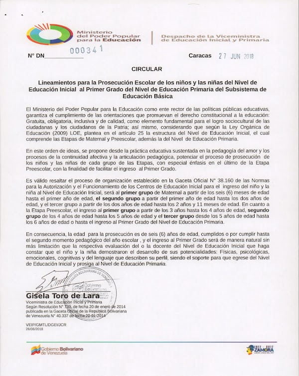 Circular 000341 sobre los Lineamientos para la Prosecución Escolar de los niños y las niñas del Nivel de Educación Inicial al Primer Grado del Nivel de Educación Primaria Circular 000341 sobre los Lineamientos para la Prosecución Escolar de los niños y las niñas del Nivel de Educación Inicial al Primer Grado del Nivel de Educación Primaria