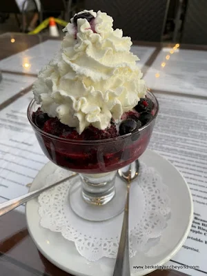 ice cream with Oregon berries at entrance to Moonstone Beach Bar & Grill in Cambria, California