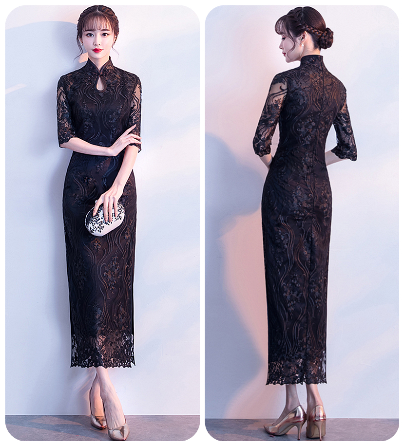 RM179* Embroidered Lace-Mesh Maxi Floral Cheongsam Dress (Y-003)