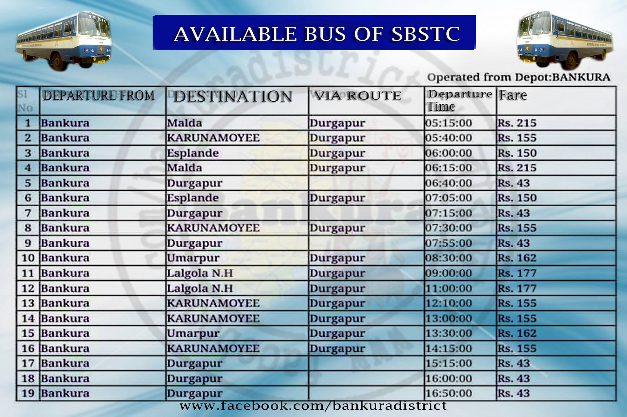 Bankura Bus Depot Time Table.