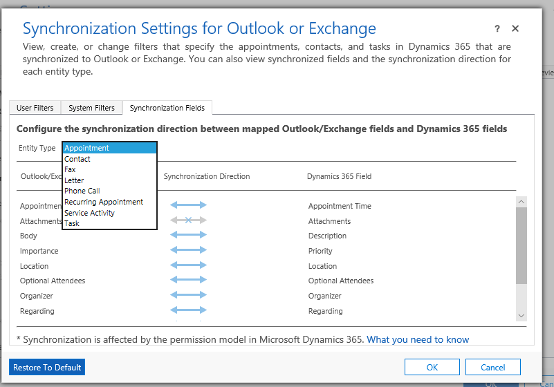 MICROSOFT DYNAMICS 365 SYSTEM SETTINGS OUTLOOK/EXCHANGE AND DYNAMICS