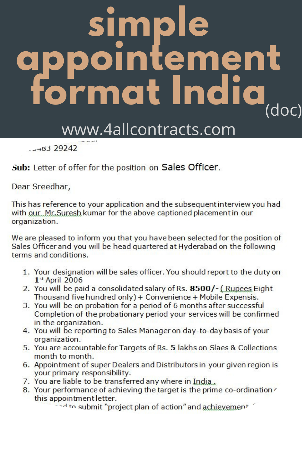 Appointment Letter Format India Doc Sample Contracts