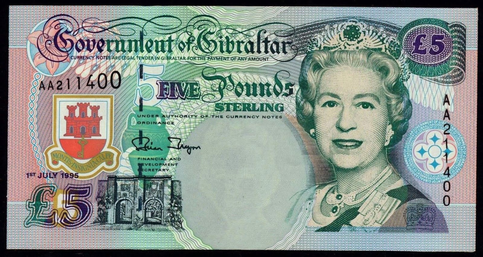 Gibraltar 5 Pounds banknote 1995 Queen Elizabeth II|World Banknotes ...