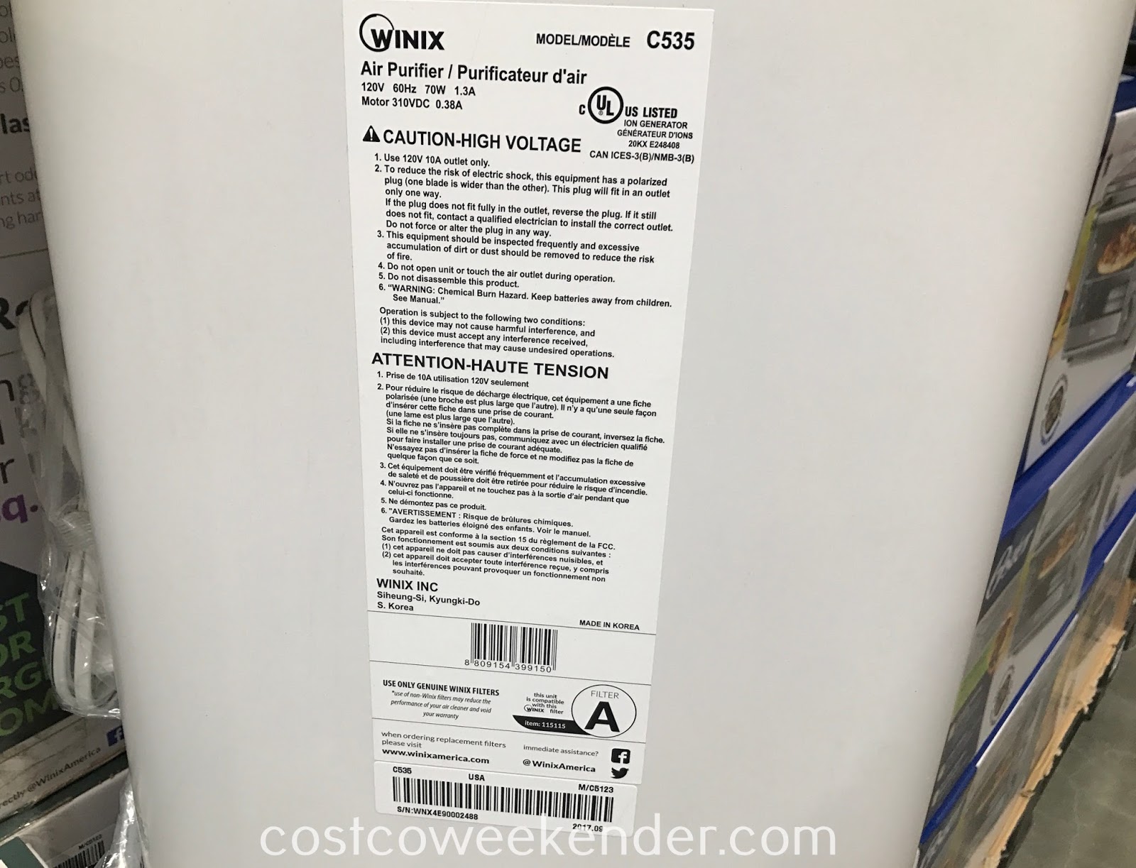 Winix Air Purifier (model C535) Costco Weekender