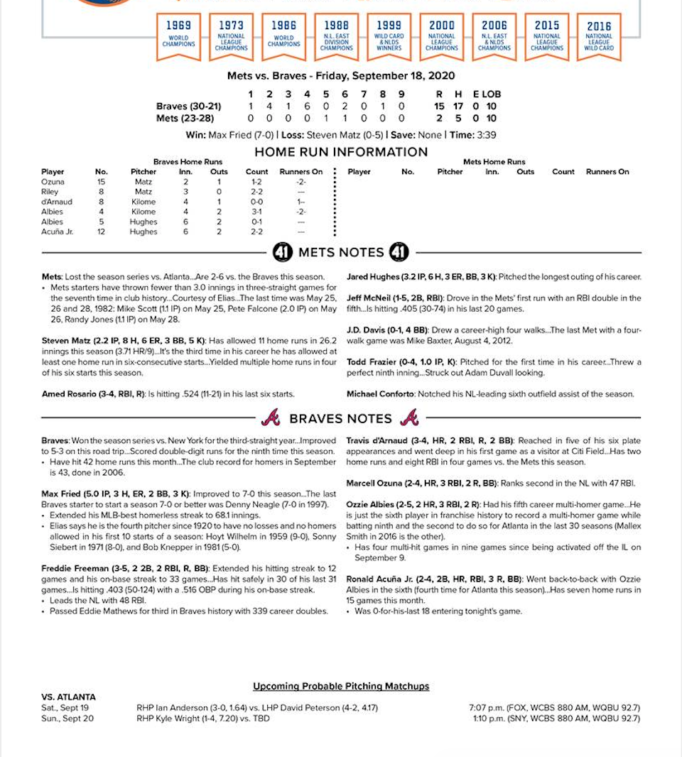 TheMediagoon.com: Mets Post Game Notes 9/18/2020. Read at your own risk.