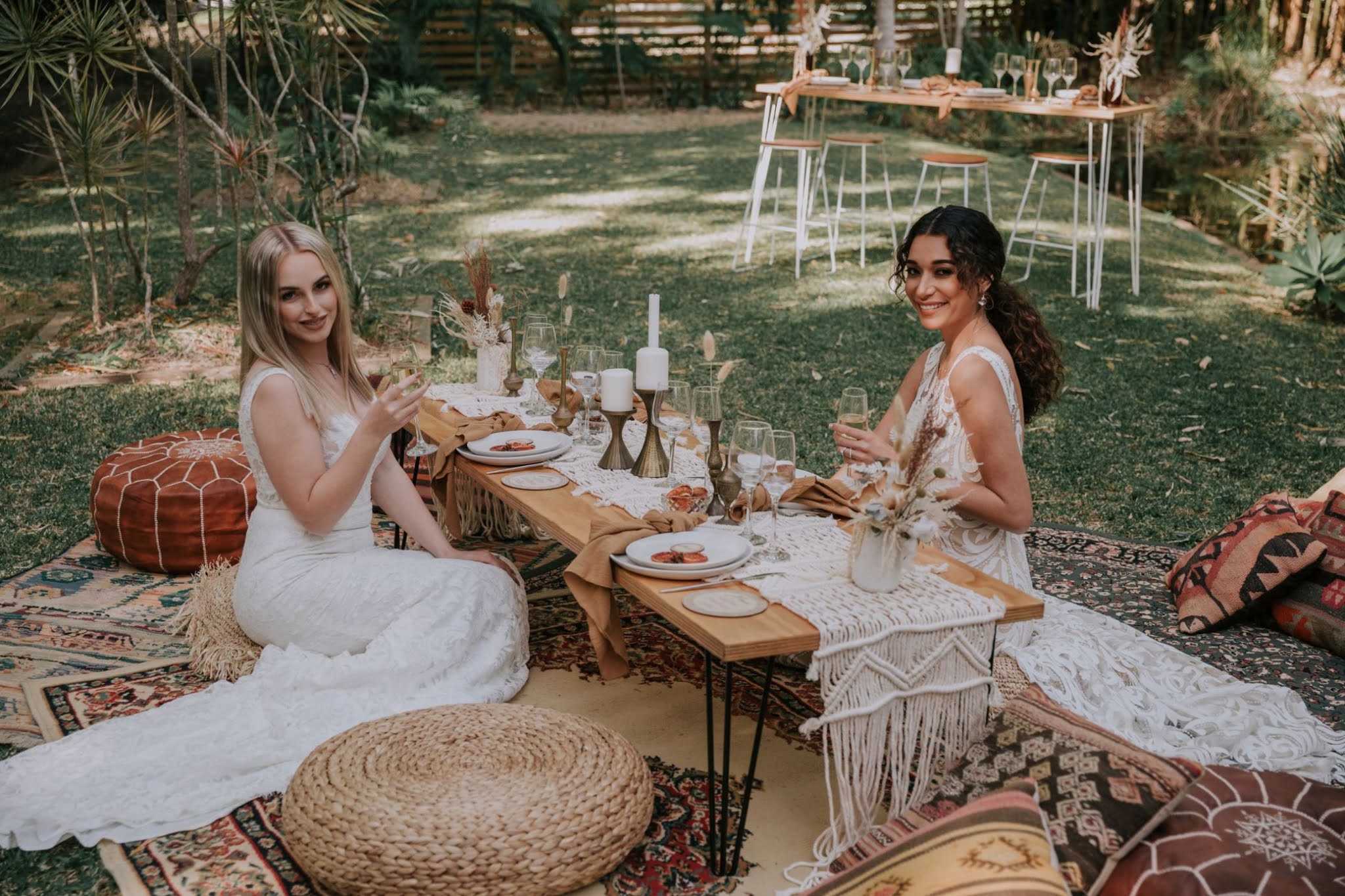 to the aisle australia | luxe bohemian weddings gold coast Atomic Butterfly Photography florals leather couch hat cake venue styling